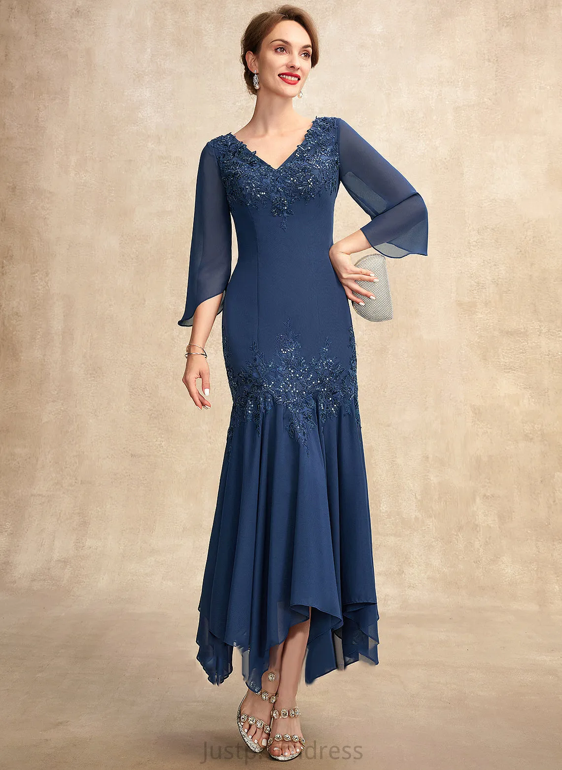 Appliques Trumpet/Mermaid Mother Moriah the With Mother of the Bride Dresses of Lace Dress V-neck Chiffon Bride Ankle-Length Sequins