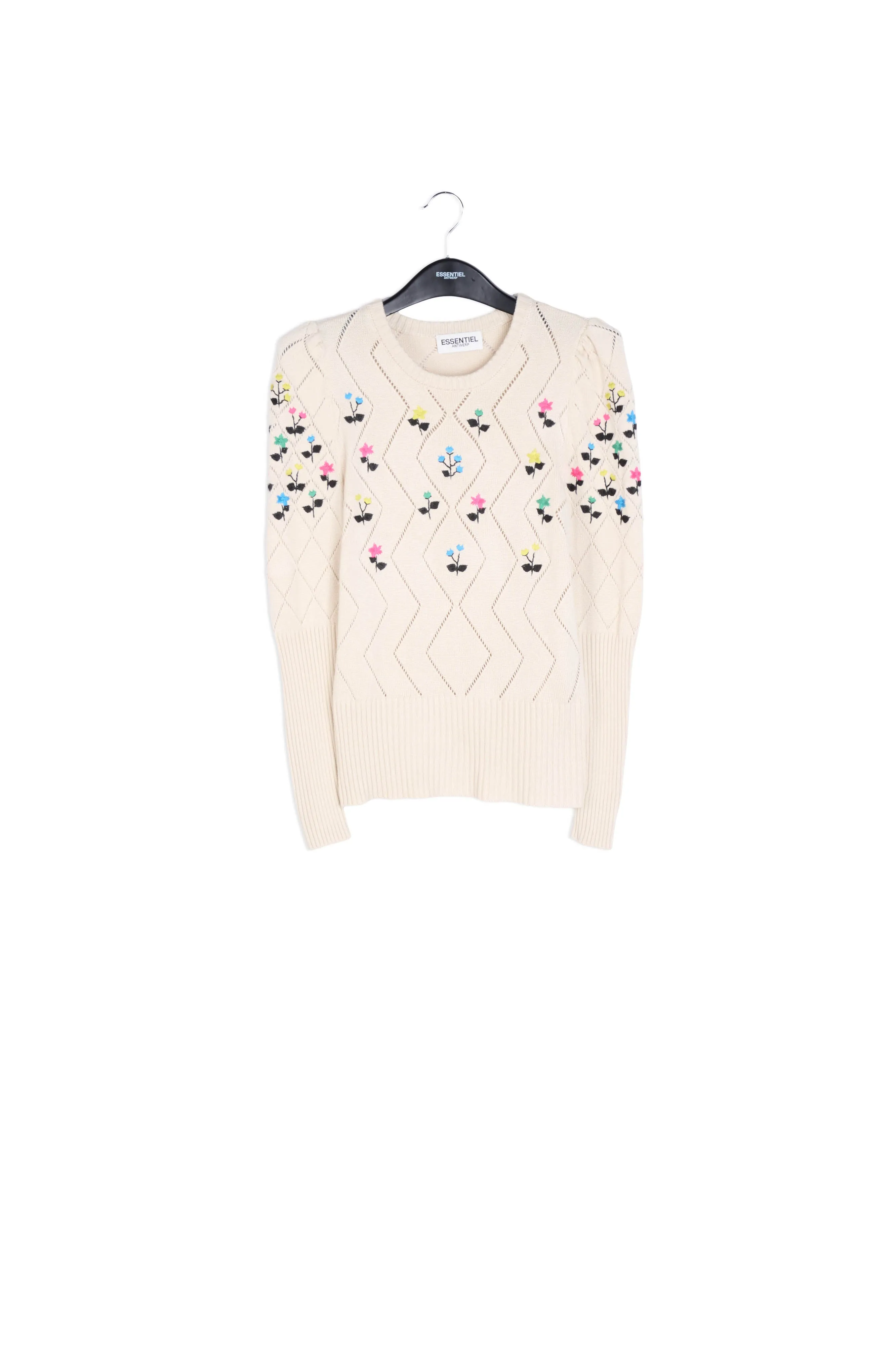 Beige pointelle-knitted sweater with floral embroideries