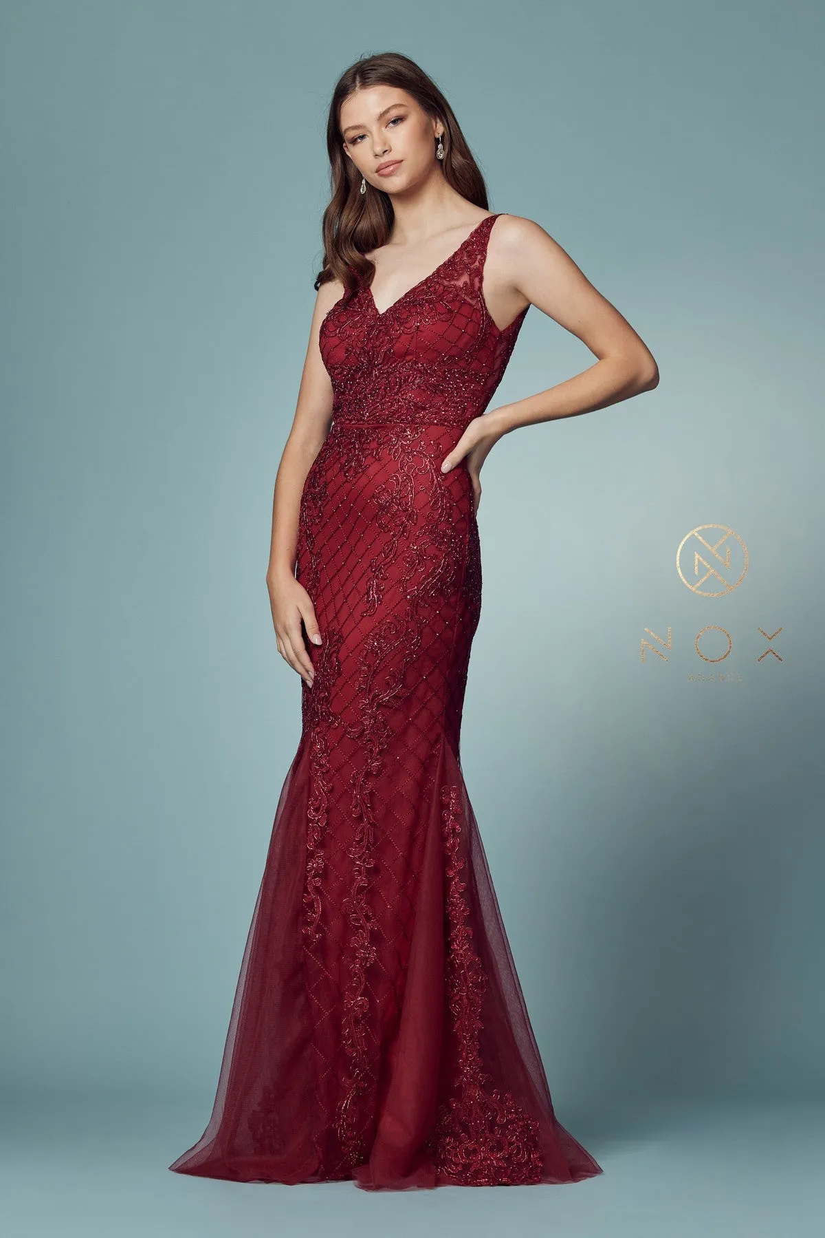 Nox Anabel A398 Size 4 Long Embellished Lace Formal Evening Gown Prom Dress Wedding Guest