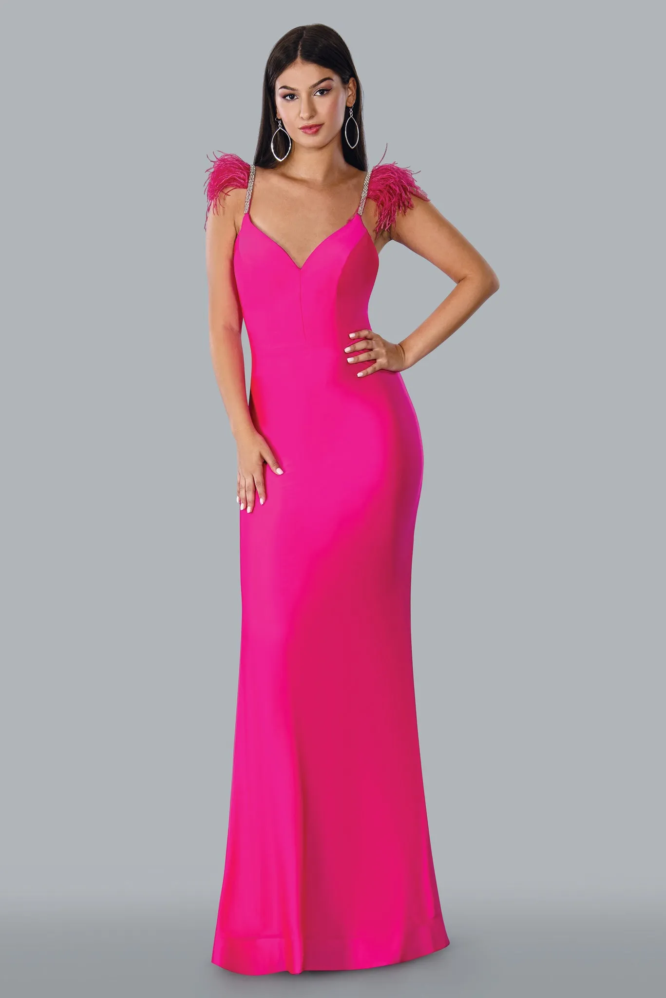 Stella Couture 23125 Long Fitted Crystal Feather Strap Prom Dress Backless Formal Gown